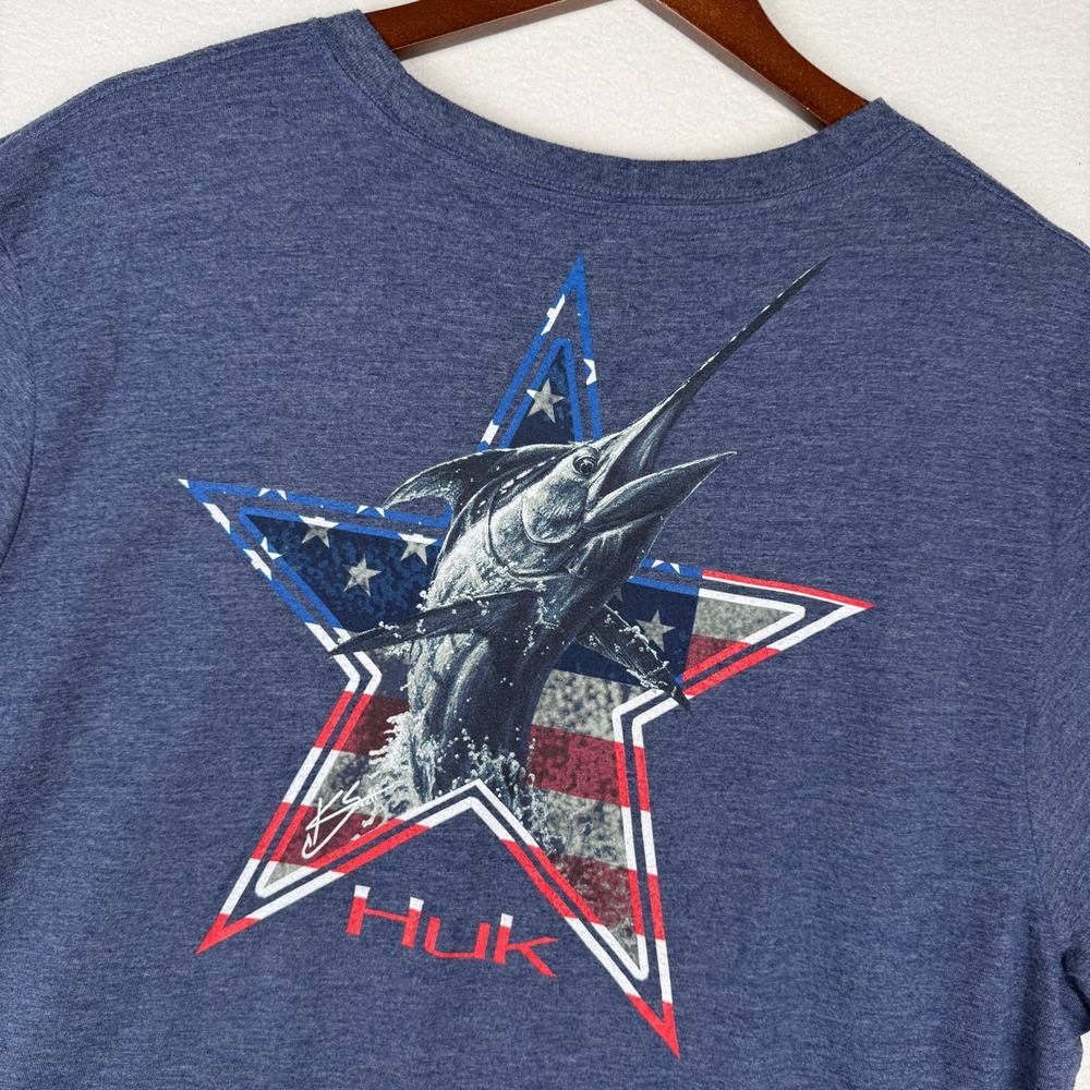 Huk Mens XL Blue Heather Patriotic Marlin Star Graphic Performance T-Shirt
